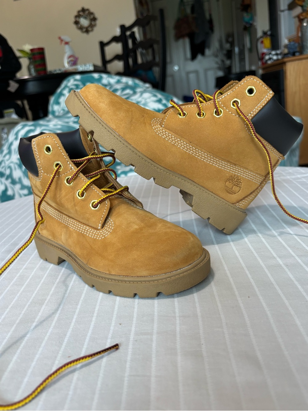Timberland Kids Wheat Nubuck Boots with Black Collar-Size 12.5